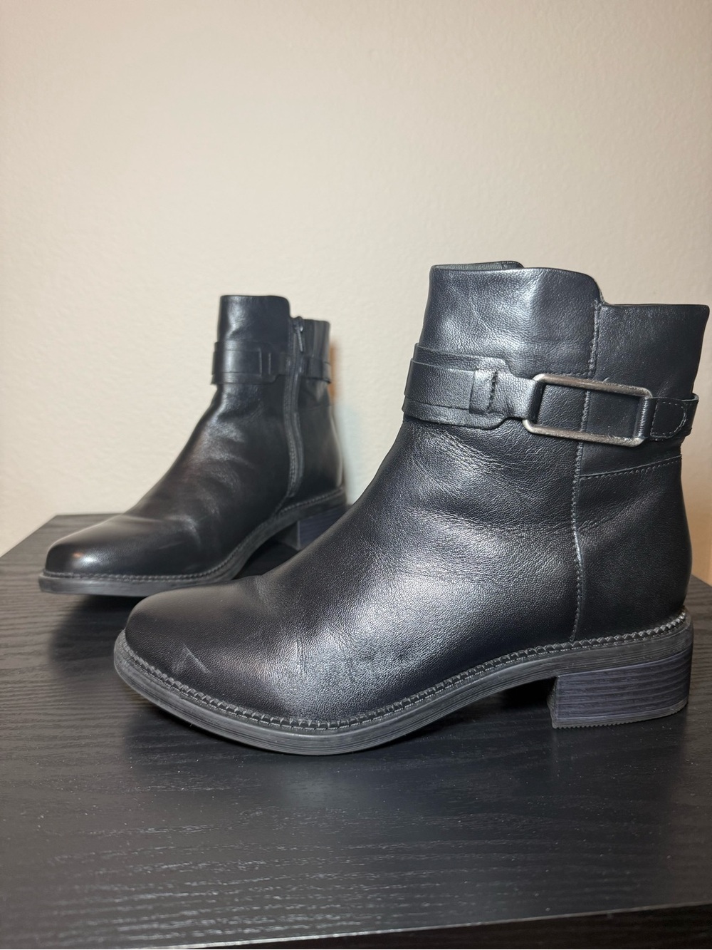 Clarks Black Leather Ankle Booties with Buckle Detail